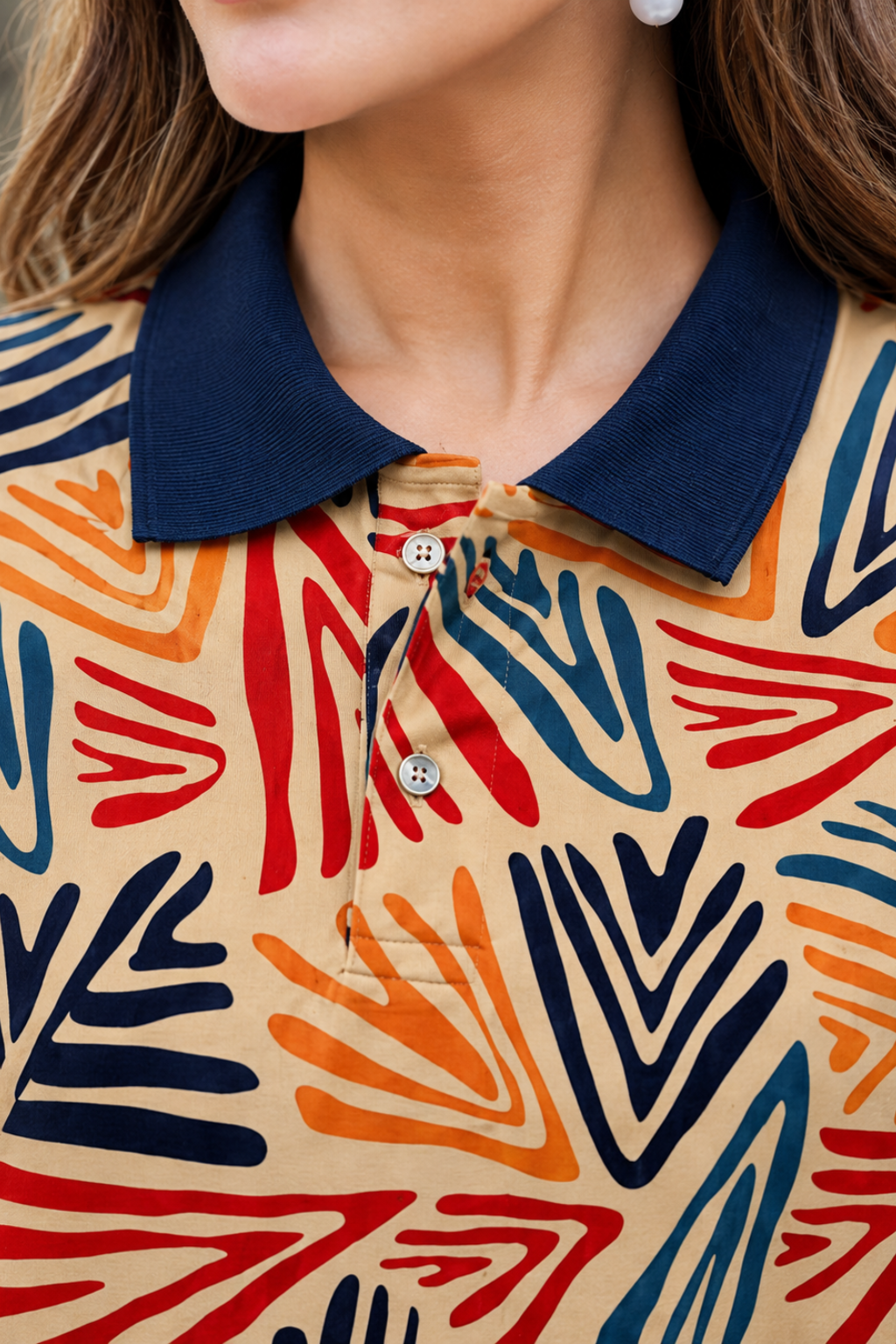 Women Multicolor Abstract Printed Polo T-Shirt with Navy Collar