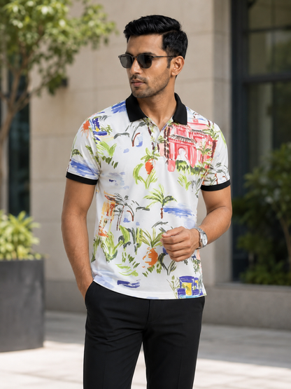 Multicolor Premium Fabric Regular Printed Polo T Shirt For Men