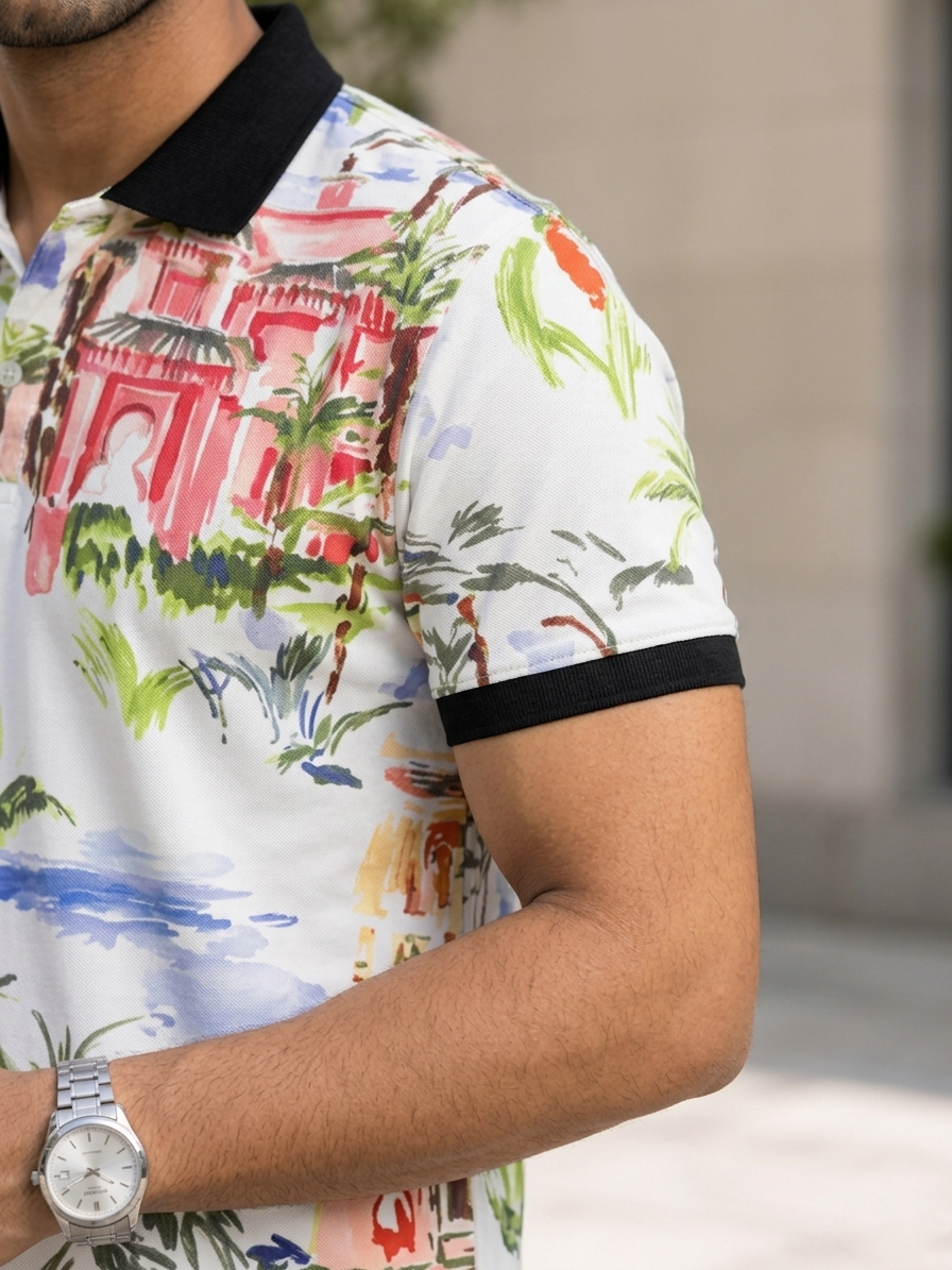 Multicolor Premium Fabric Regular Printed Polo T Shirt For Men