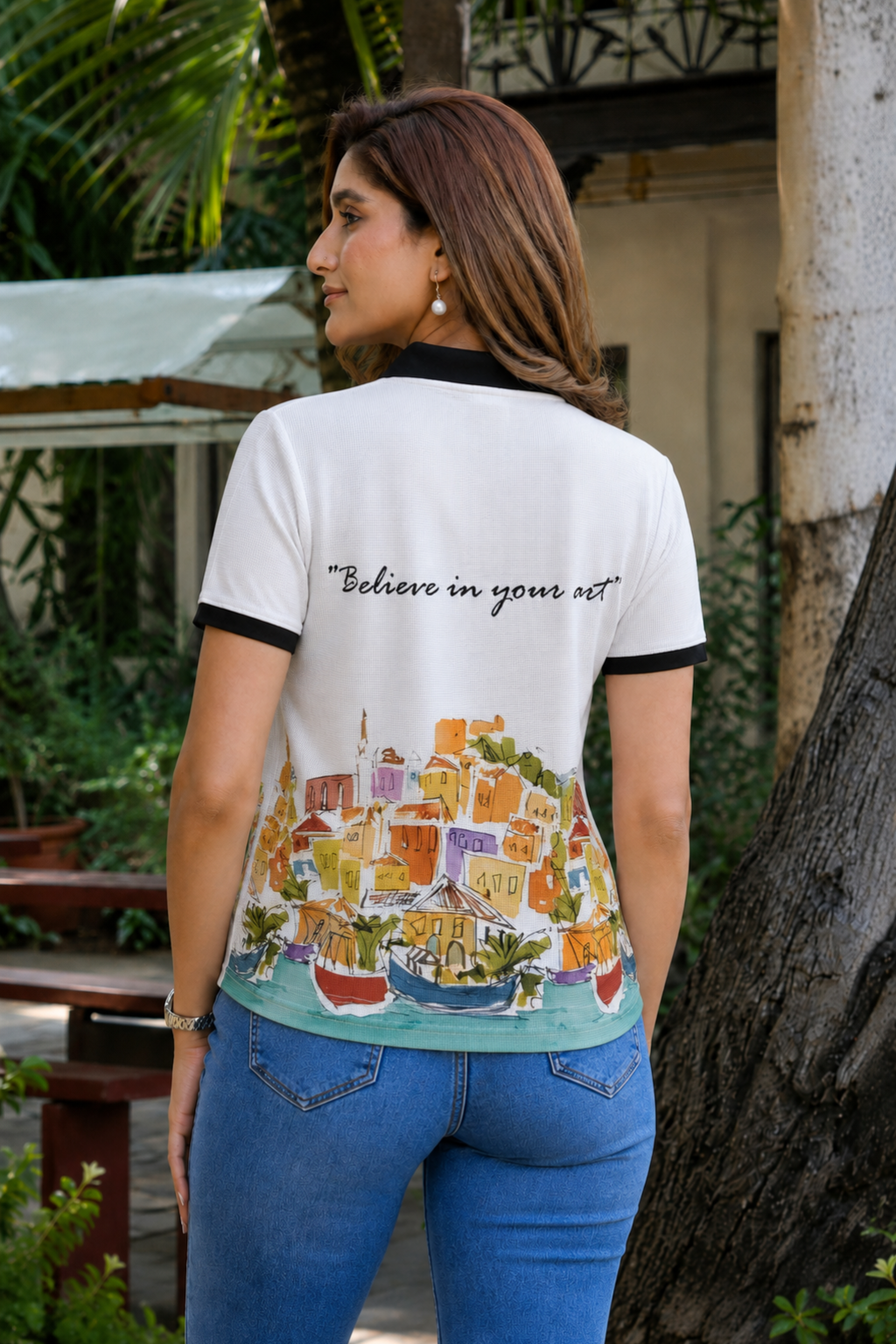 Women White Urban Art Printed Polo T-Shirt with Black Collar