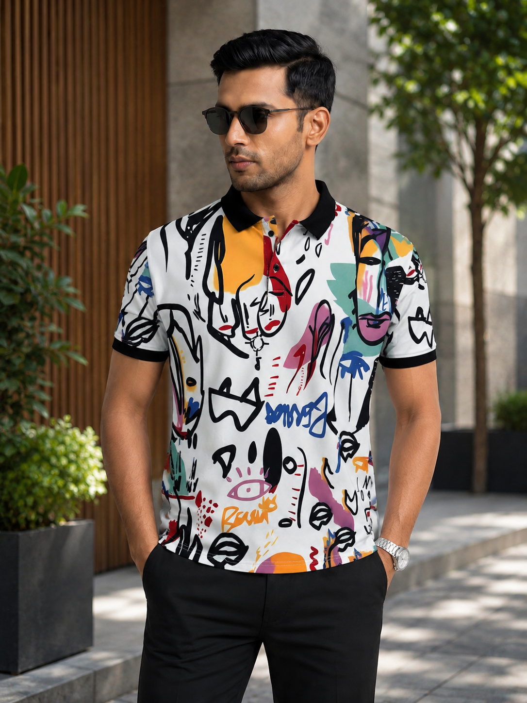 Multicolor Premium Fabric Regular Printed Polo T Shirt For Men