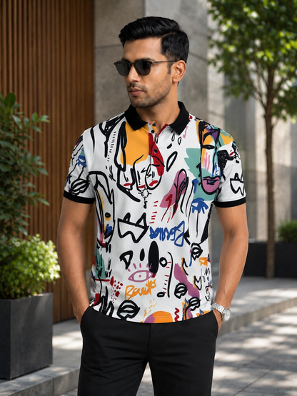 Multicolor Premium Fabric Regular Printed Polo T Shirt For Men