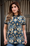 Women Blue Ikat Printed Polo T-Shirt with Black Collar