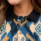 Women Blue Ikat Printed Polo T-Shirt with Black Collar