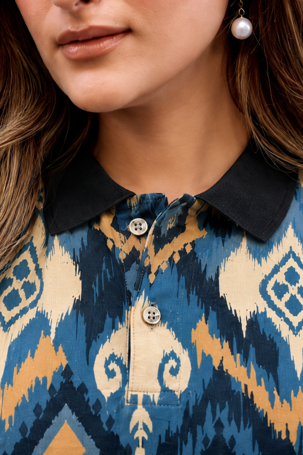 Women Blue Ikat Printed Polo T-Shirt with Black Collar