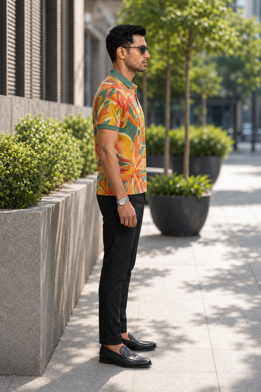 Multicolor Premium Fabric Regular Printed Polo T Shirt For Men