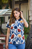 Women White Flower Print Polo T-Shirt for Casual Wear