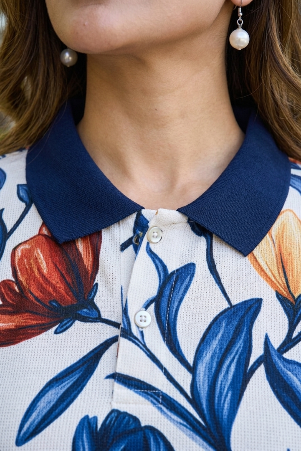 Women White Flower Print Polo T-Shirt for Casual Wear
