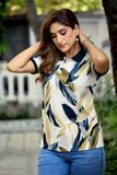 Women Navy Beige Leaf Printed Polo T-Shirt