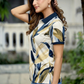Women Navy Beige Leaf Printed Polo T-Shirt