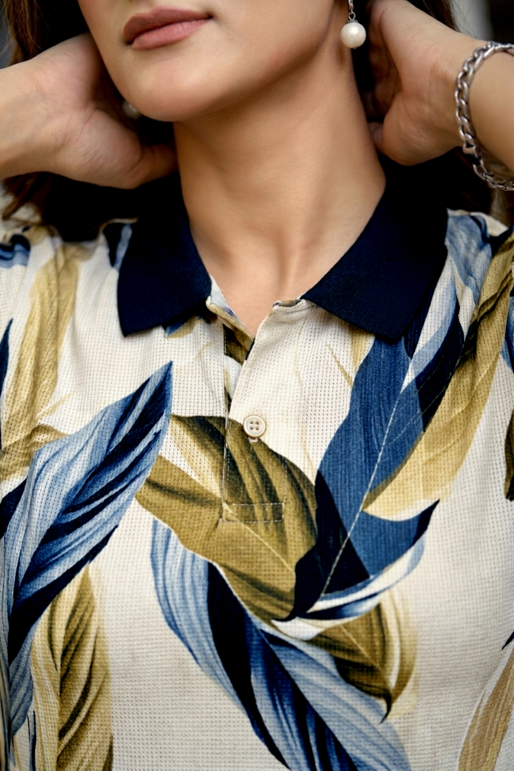 Women Navy Beige Leaf Printed Polo T-Shirt