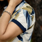 Women Navy Beige Leaf Printed Polo T-Shirt