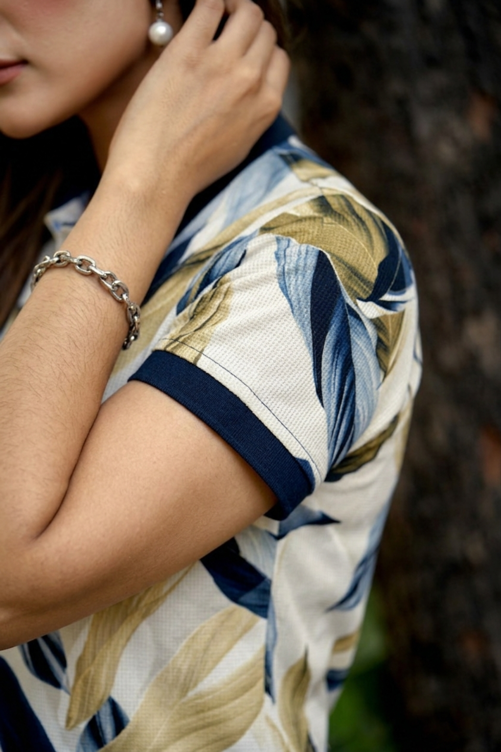 Women Navy Beige Leaf Printed Polo T-Shirt