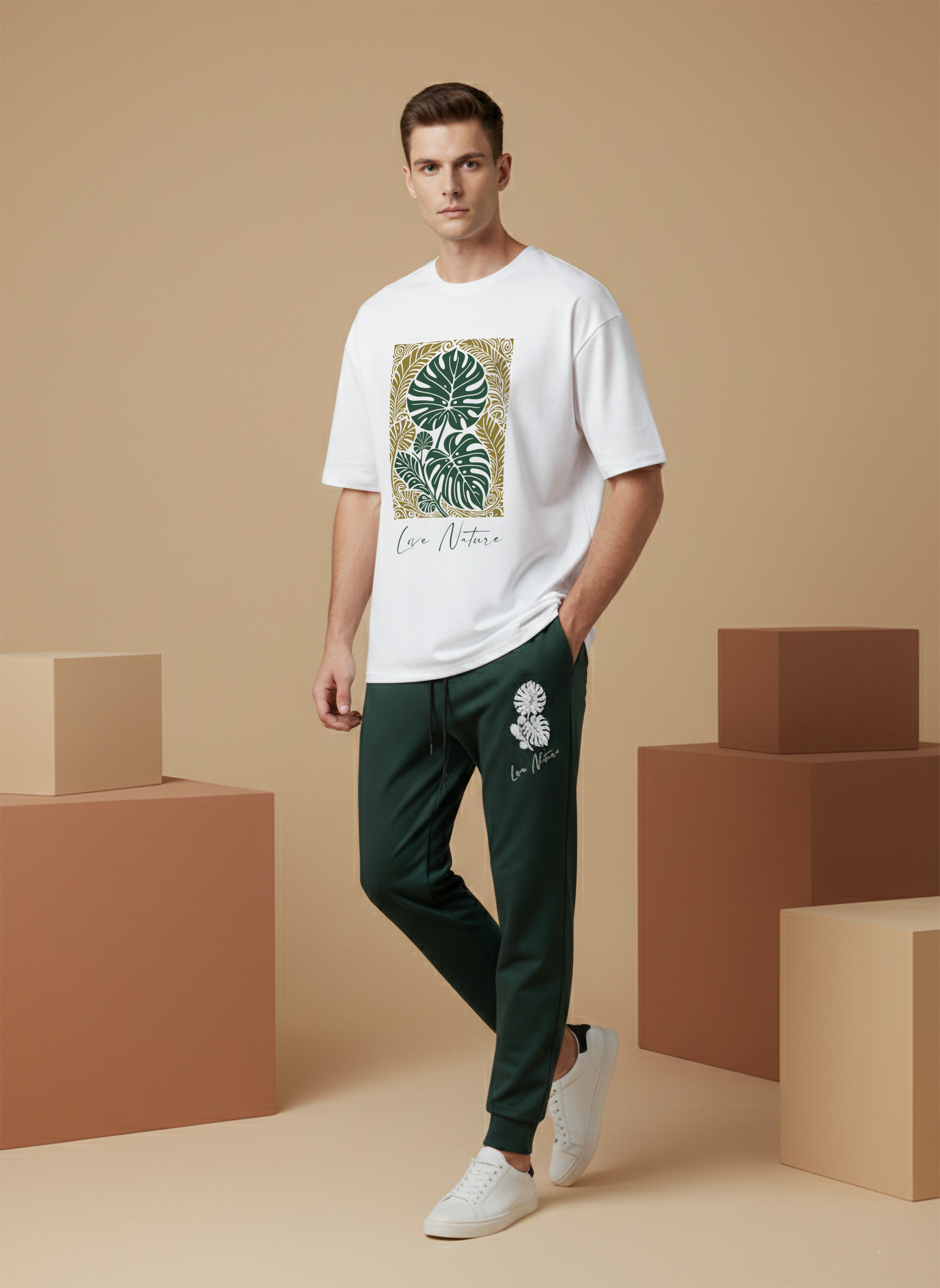 Men’s White & Green Printed Loungewear Co-Ord Set