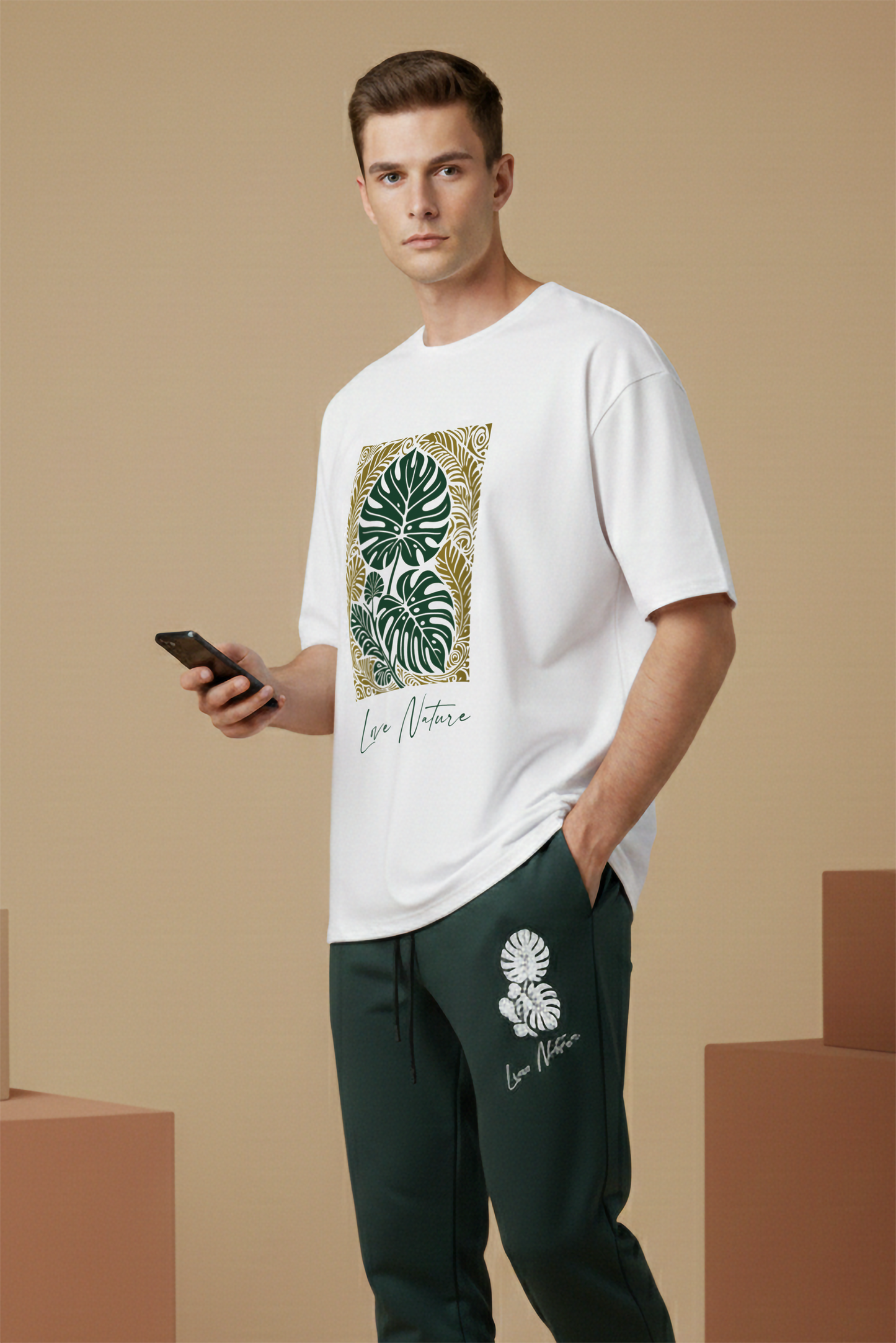 Men’s White & Green Printed Loungewear Co-Ord Set